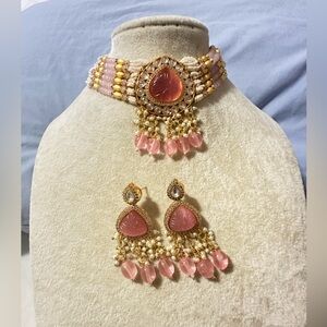 Elegant Pink and Gold Tyanni Kundan Jewelry Set with rice pearl beads